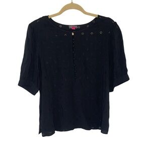 Vince Camuto Black Floral Eyelet Blouse Half Button Front Sz M